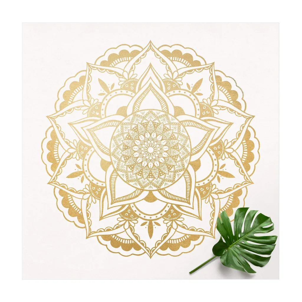 Vinyl-Teppich - Mandala Blume gold weiß - Quadrat 1:1, Größe HxB:80 × 80 cm, Material:Vinyl